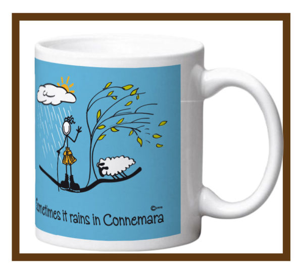 Porcelain mug with "Sometimes it rains in Connemara" design wrap.